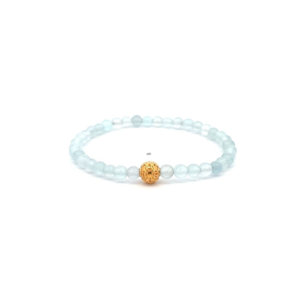 18k Gold Money Coin Ball Lucky Charm Bracelet Mini Gemstones Natural Aquamarine 85$